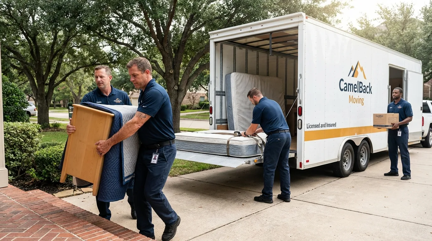 Crew loading residential truck for cross-state move from Peoria Heights, IL