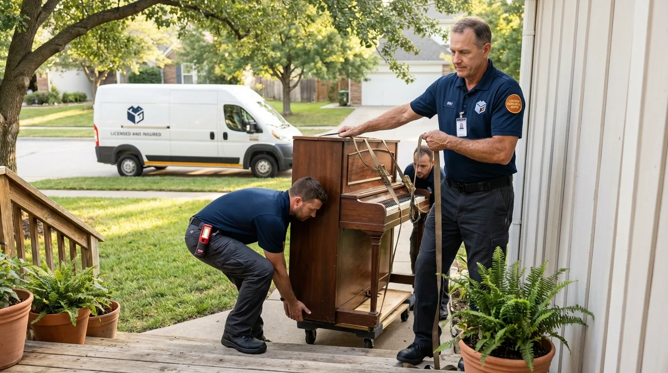 Licensed piano movers securing grand piano in Peoria Heights, IL