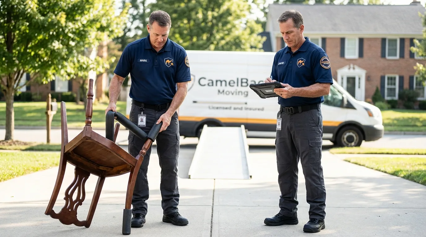 Movers inspecting furniture for damage prevention before loading in Peoria Heights, IL