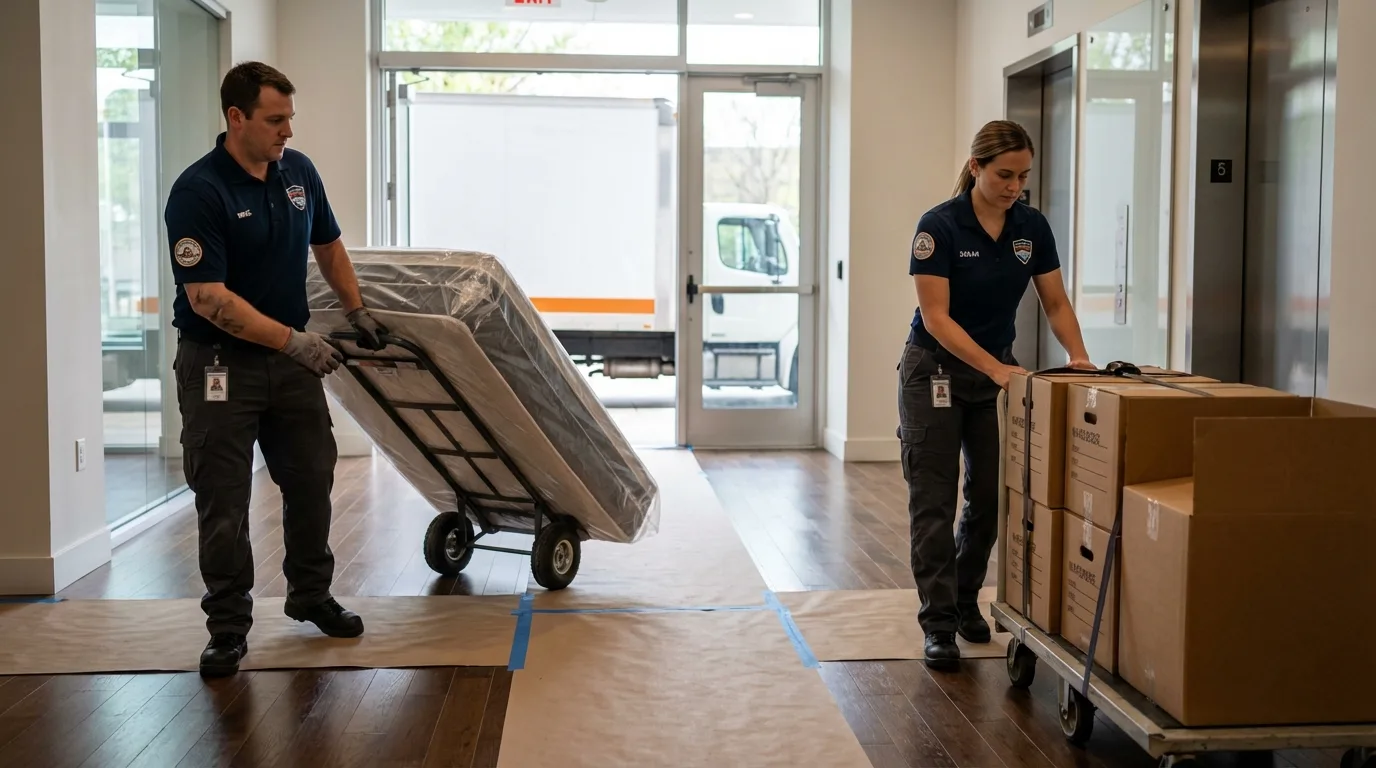 Professional apartment movers loading elevator in Peoria Heights, IL