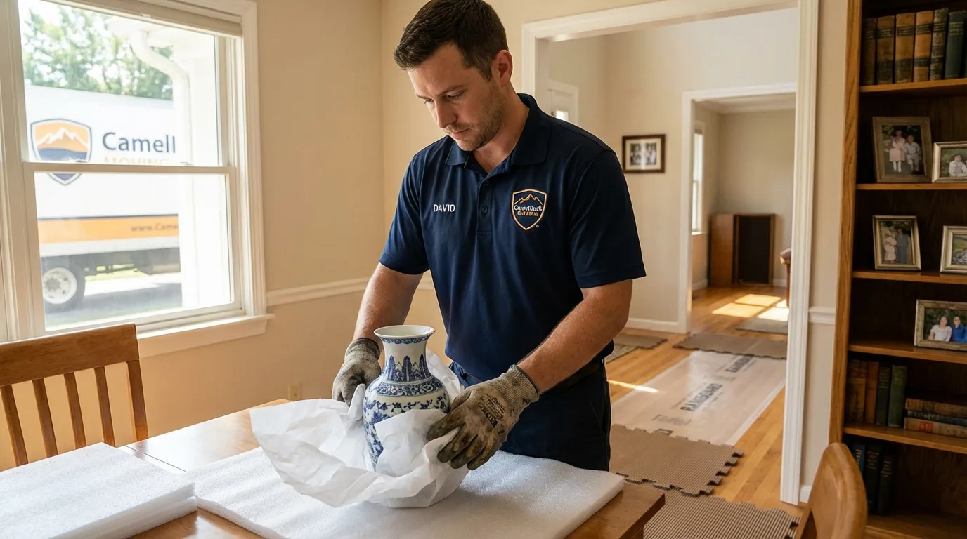 Professional crew carefully wrapping antique vase for senior downsizing move in Peoria Heights, IL